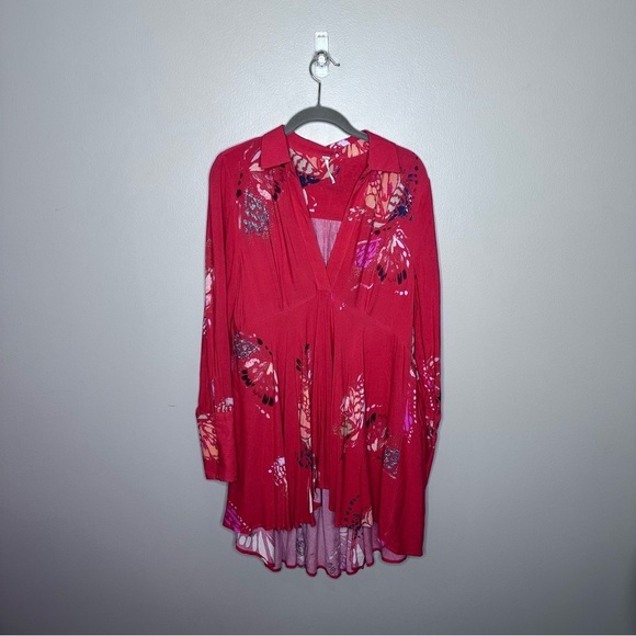 Free People Red Tunic Dress Field of Butterflies Boho Floral Top M - Picture 2 of 5
